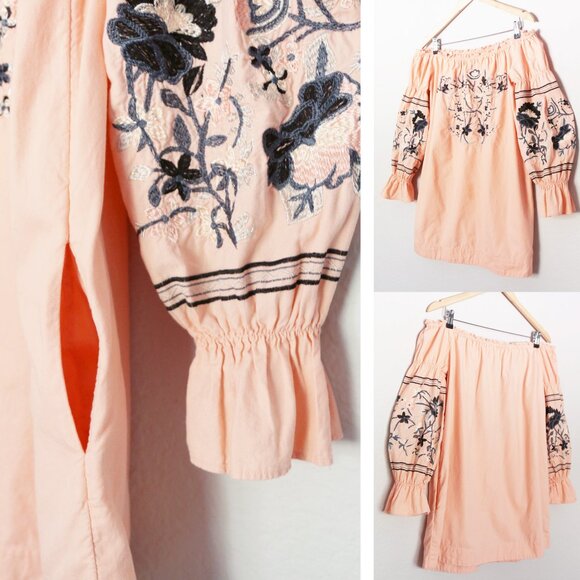 Free People Fleur Du Jour Off-The-Shoulder Pink Floral Embroidered Dress S $148 - Picture 9 of 15